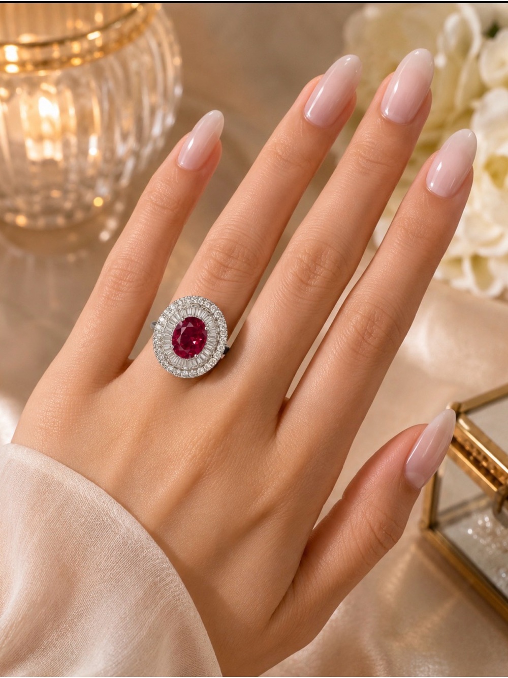 Stunning 925 Sterling Silver Ruby Red Crystal Double Halo Cocktail Ring Size 8